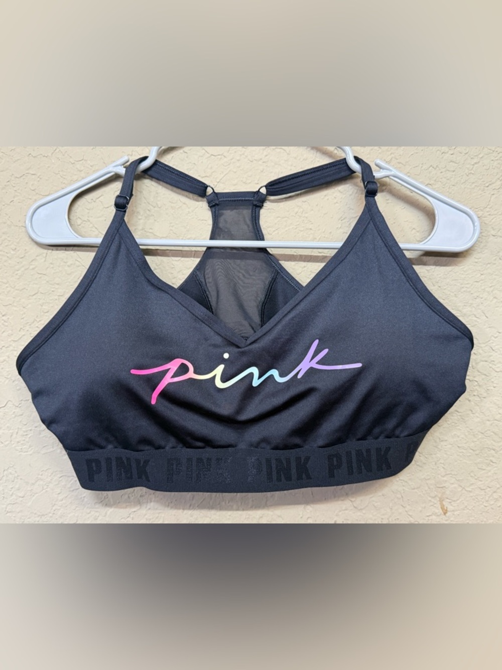 New PINK Victoria's Secret Black Racerback Sports Bra with Rainbow Script